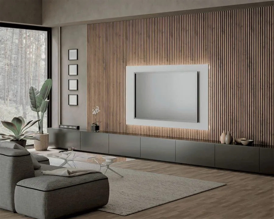 Salón moderno con una pared completa forrada de paneles acústicos decorativos de madera