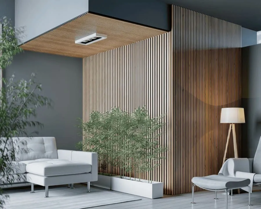 Esquina de una habitación moderna decorada con paneles acústicos de madera